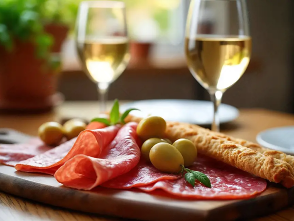 Charcuterie board with wine glasses