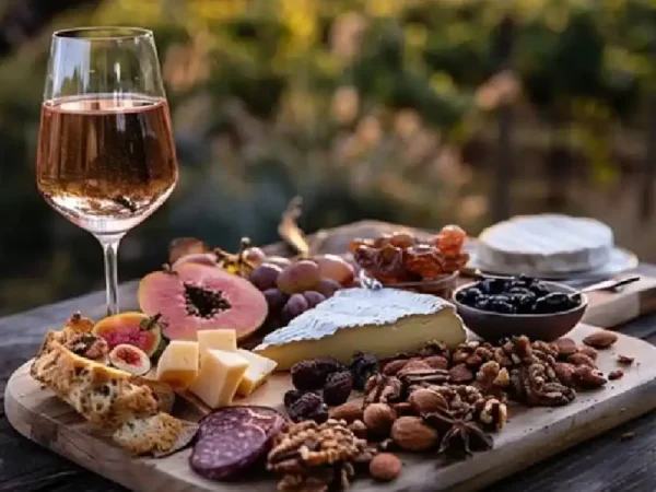 A charcuterie board with meats, cheese, nuts, and a glass of rosé wine.