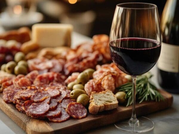 A charcuterie board with assorted meats and a glass of red wine.