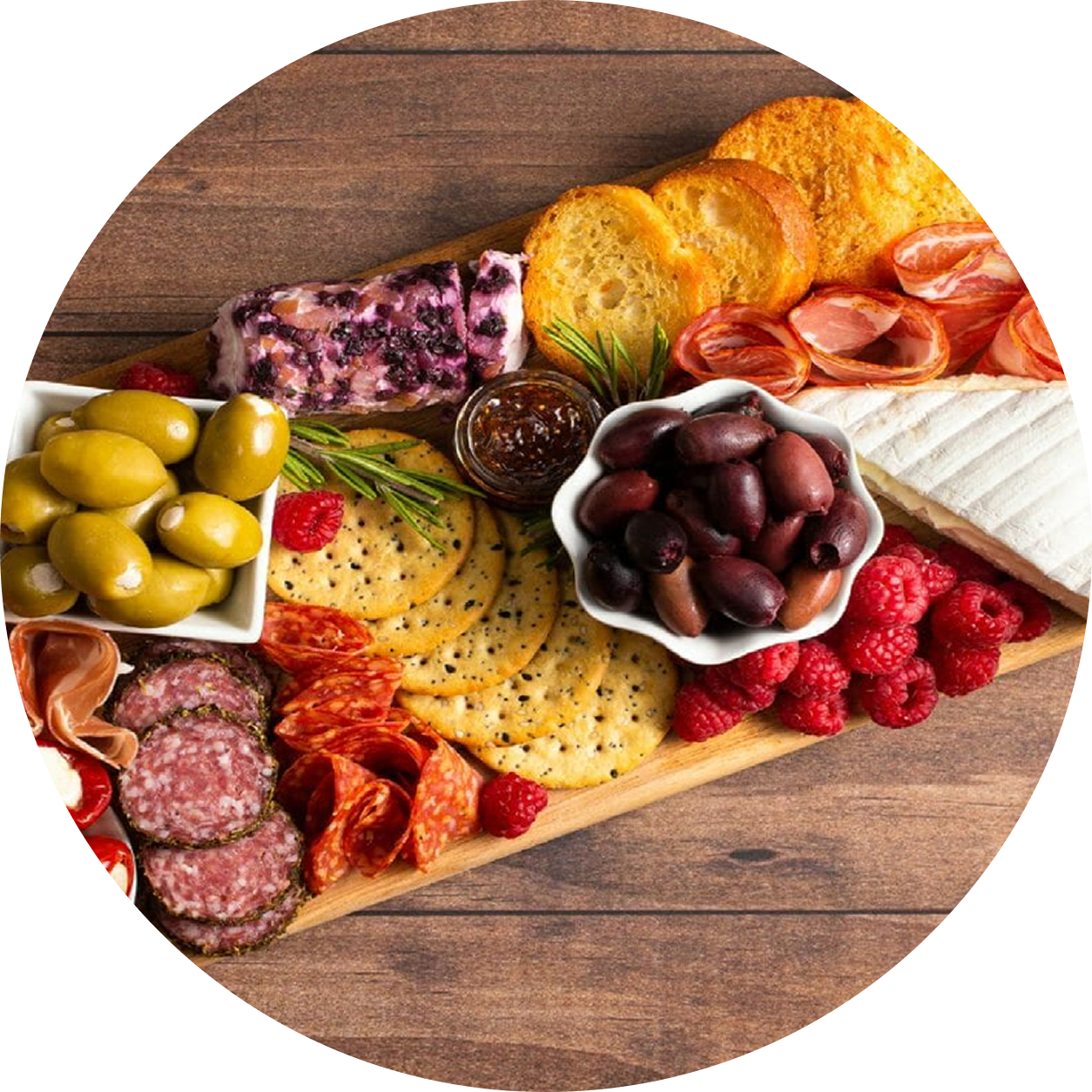 Gourmet platter with olives and crackers