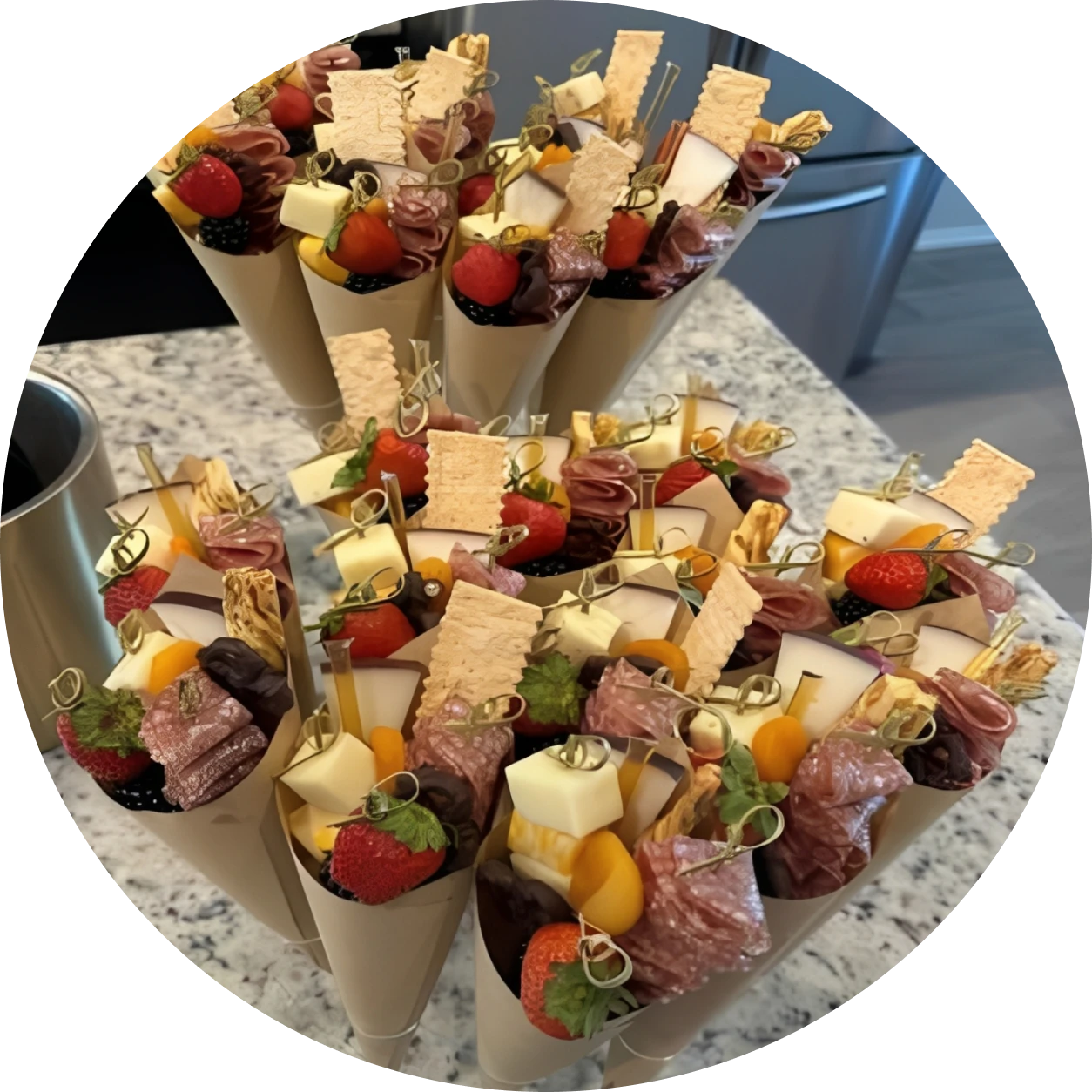 Gourmet snack cones with meats and cheese