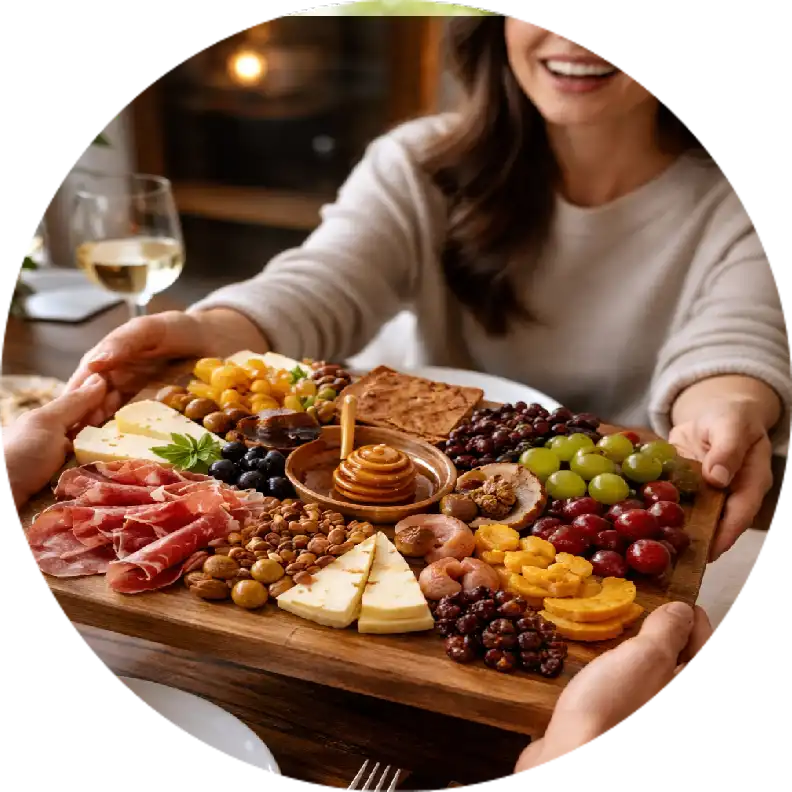 Woman offering a charcuterie board with meats, cheeses, and fruits.