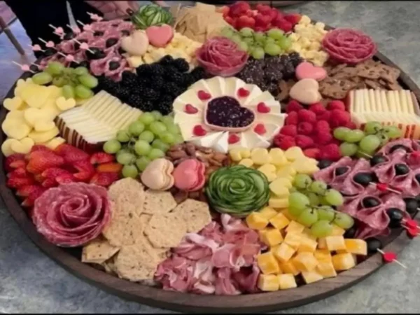 Colorful charcuterie board with meats, cheeses, fruits, and crackers.
