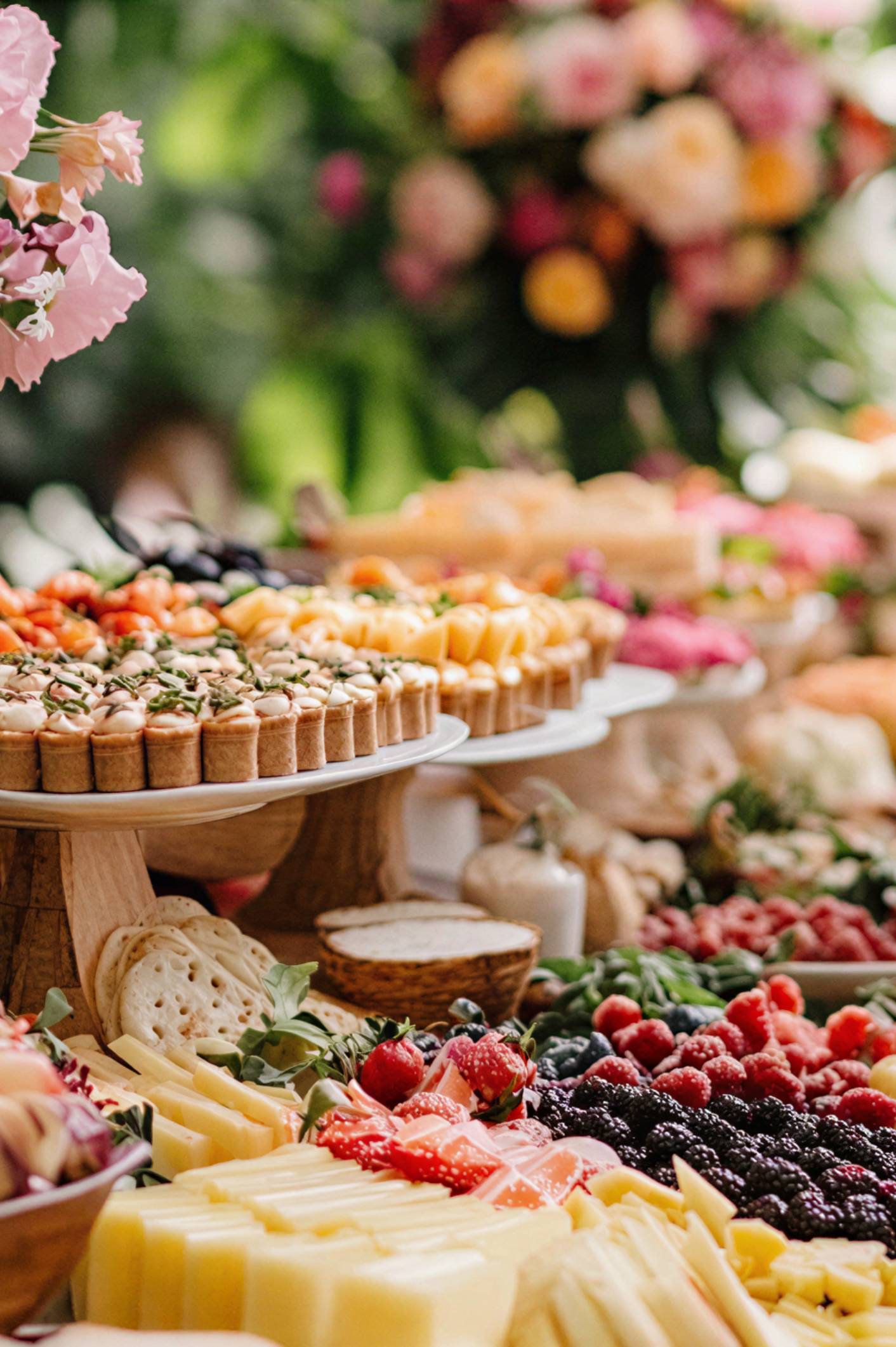 A colorful spread of assorted pastries and fresh fruits at a buffet.